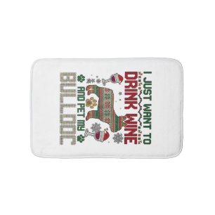 Drink Wine Bulldog Dog Ugly Sweater Santa Hat Bath Mat