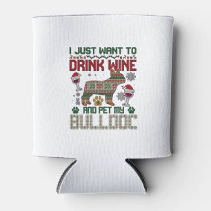 Drink Wine Bulldog Dog Ugly Sweater Santa Hat Can Cooler