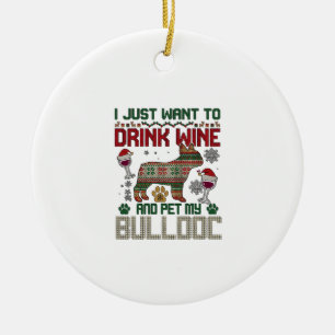 Drink Wine Bulldog Dog Ugly Sweater Santa Hat Ceramic Tree Decoration
