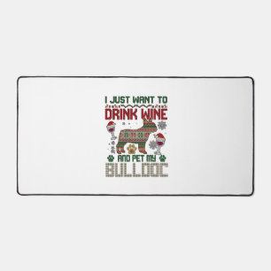 Drink Wine Bulldog Dog Ugly Sweater Santa Hat Desk Mat