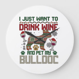 Drink Wine Bulldog Dog Ugly Sweater Santa Hat Large Clock