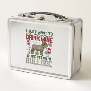 Drink Wine Bulldog Dog Ugly Sweater Santa Hat Metal Lunch Box