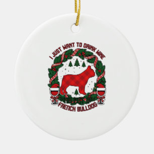 Drink Wine French Bulldog Dog Red Plaid Christmas Ceramic Tree Decoration