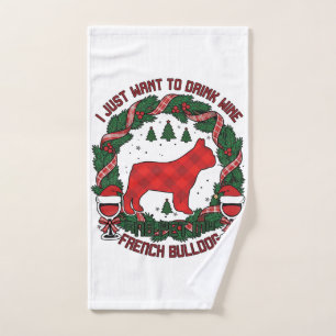 Drink Wine French Bulldog Dog Red Plaid Christmas  Hand Towel