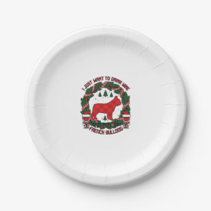 Drink Wine French Bulldog Dog Red Plaid Christmas Paper Plate