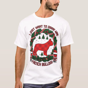Drink Wine French Bulldog Dog Red Plaid Christmas T-Shirt