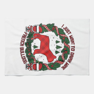 Drink Wine French Bulldog Dog Red Plaid Christmas Tea Towel