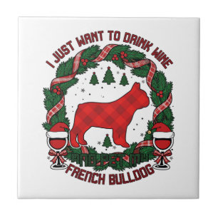 Drink Wine French Bulldog Dog Red Plaid Christmas Tile