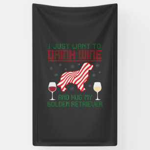 Drink Wine Hug Golden Retriever Christmas Banner
