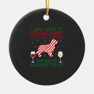 Drink Wine Hug Golden Retriever Christmas Ceramic Tree Decoration