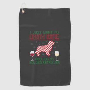 Drink Wine Hug Golden Retriever Christmas Golf Towel