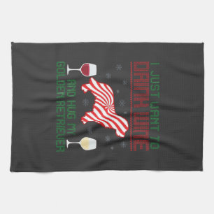 Drink Wine Hug Golden Retriever Christmas Tea Towel