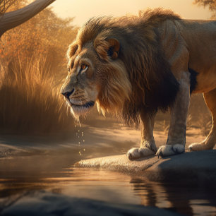 Drinking From Watering Hole Lion Jigsaw Puzzle