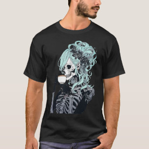 Drinking Skeleton Messy Bun Halloween Costume Girl T-Shirt