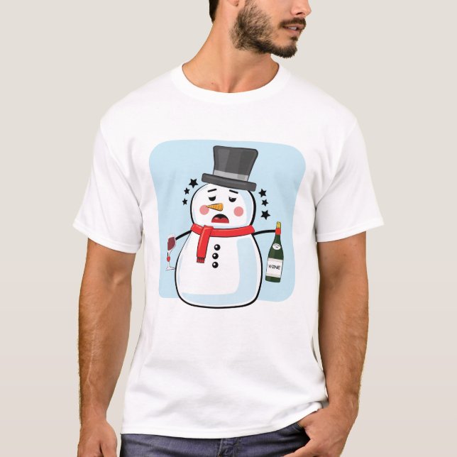 Drinking Snowman - Funny Illustration T-Shirt (Front)