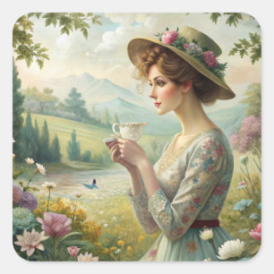 Drinking Tea in Garden Square Sticker