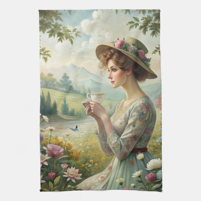 Drinking Tea in Garden Tea Towel (Vertical)