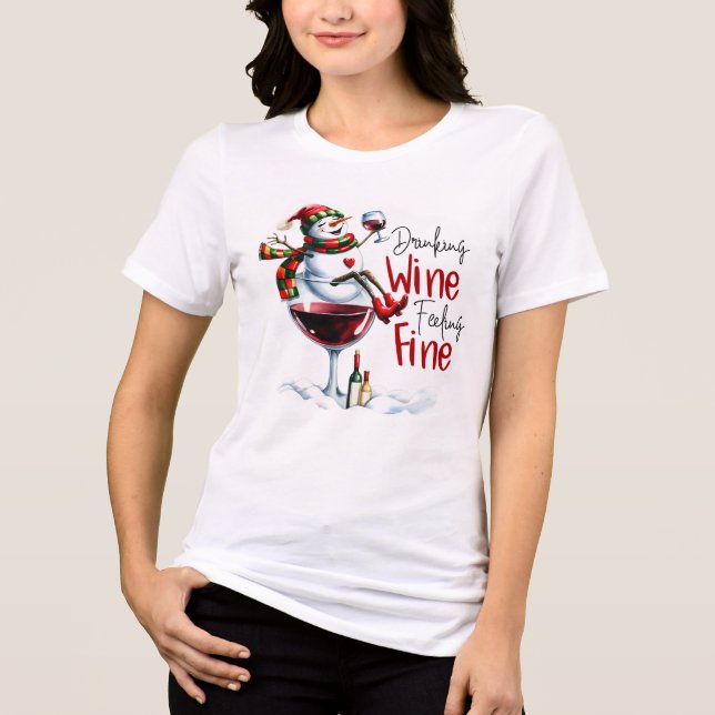 Drinking wine feeling fine Snowman Drinking Wine Tri-Blend Shirt (Front)