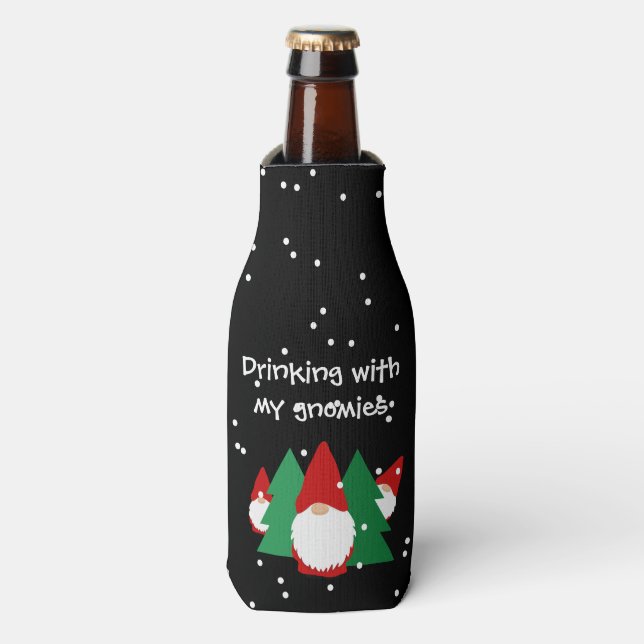 Drinking with my gnomies funny Christmas party Bottle Cooler (Bottle Front)