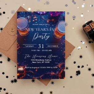 Drinks and Confetti Blue New Year's Eve Party Invitation