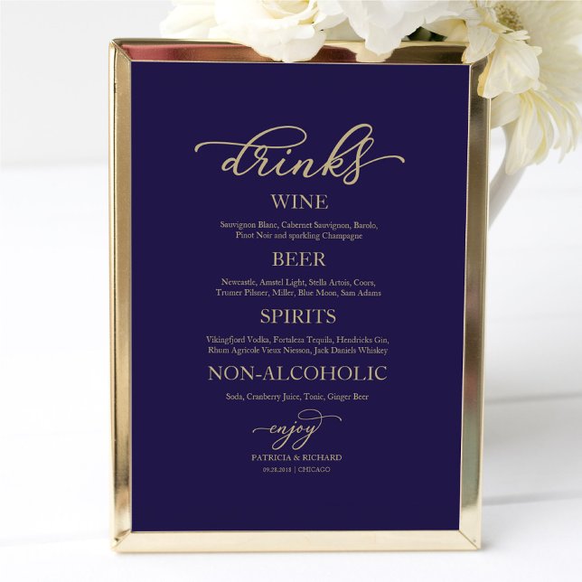 Drinks Bar Gold Script Navy Blue Wedding Sign (Creator Uploaded)