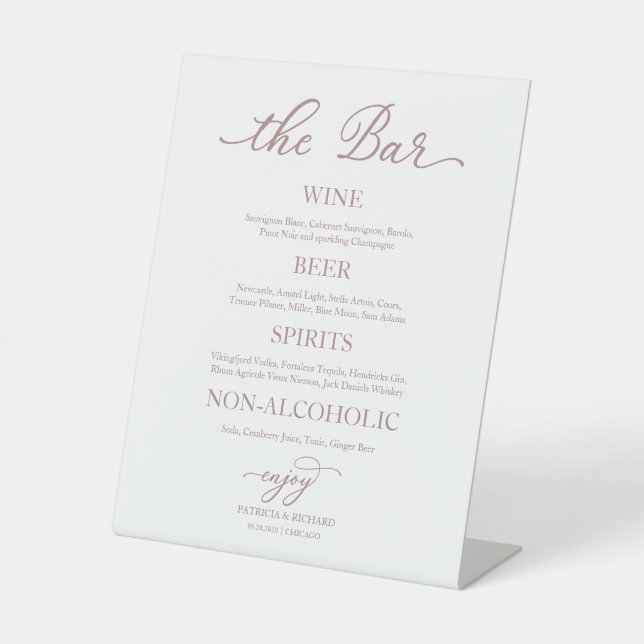 Drinks Bar Rose Gold Calligraphy Wedding Sign (Front)