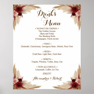 Drinks Menu Pampas Grass Bridal Wedding Poster