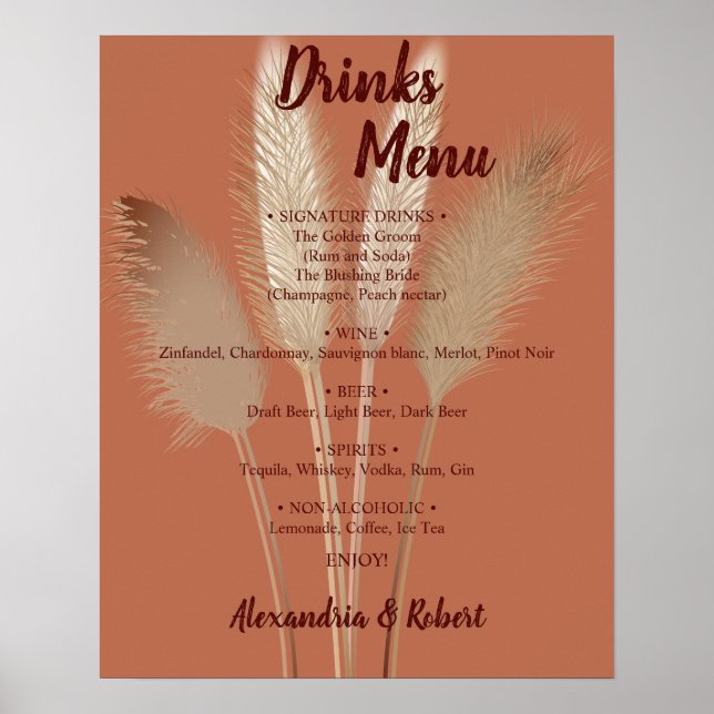 Drinks Menu Pampas Grass Bridal Wedding Sign (Front)