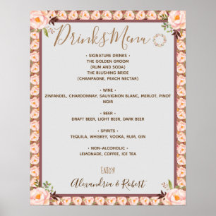 Drinks Menu Pink Floral Frame Bridal Wedding Sign