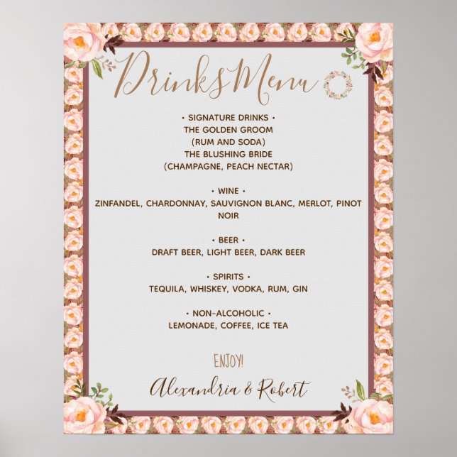 Drinks Menu Pink Floral Frame Bridal Wedding Sign (Front)