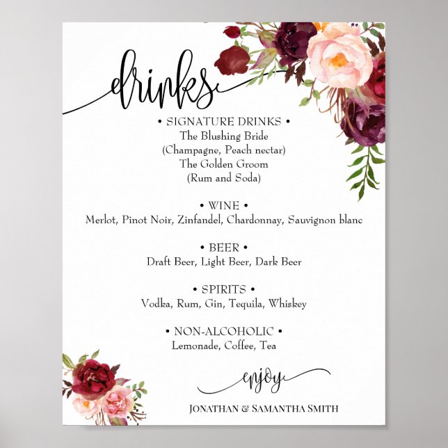 Drinks menu sign wedding marsala floral boho chic (Front)