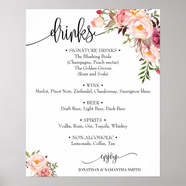 Drinks menu sign wedding pink floral boho chic (Front)