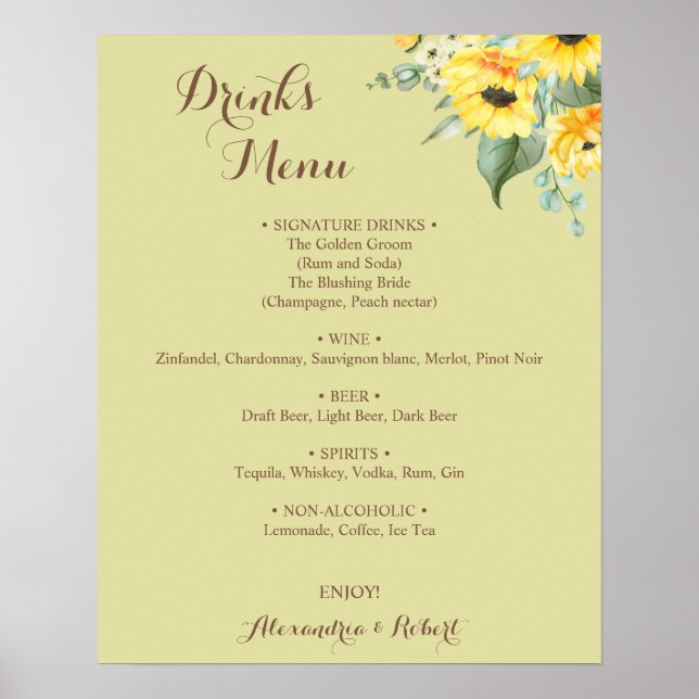 Drinks Menu Sunflowers Greenery Bridal Wedding Poster (Front)