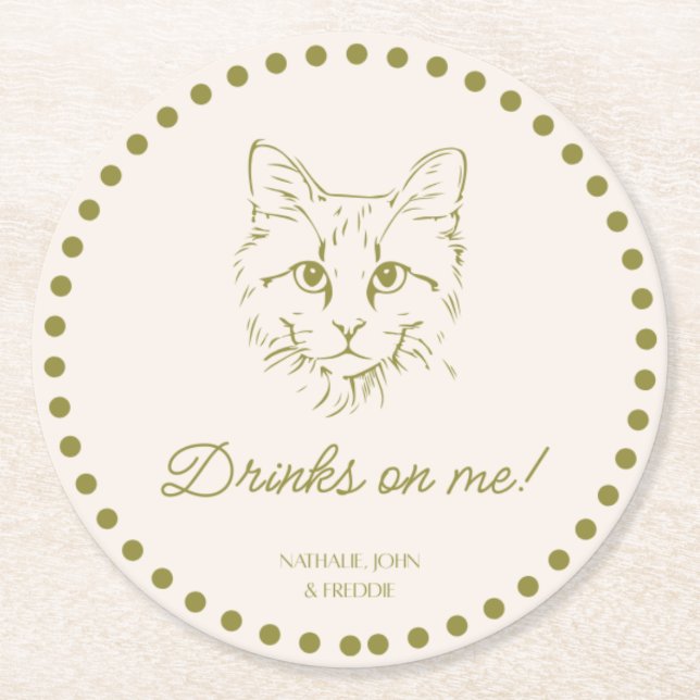 Drinks on Me! Cat Wedding Engagement Party Coaster (Front)