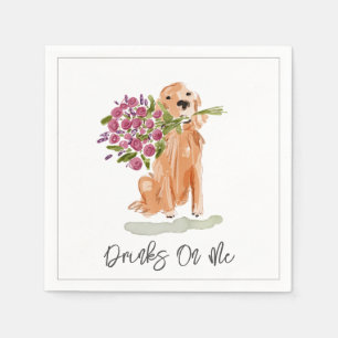 Drinks On Me Golden Retriever Dog Art Flowers Napkin