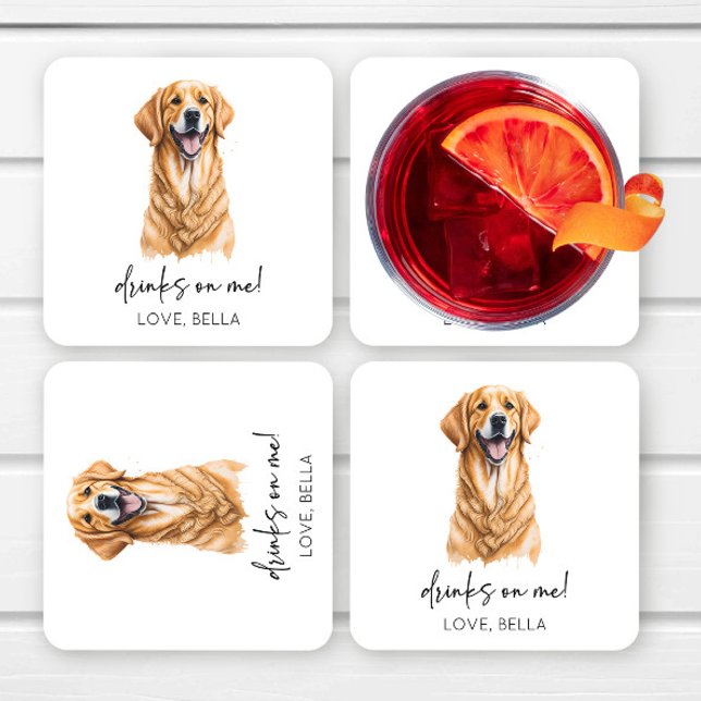 Drinks On Me! Golden Retriever Dog Pet Wedding Square Paper Coaster (Creator Uploaded)