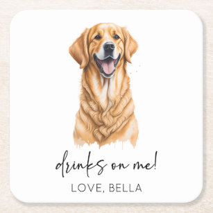 Drinks On Me! Golden Retriever Dog Pet Wedding Square Paper Coaster