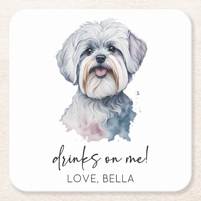Drinks On Me! Maltese Dog Pet Wedding Square Paper Coaster (Front)