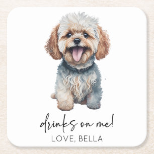 Drinks On Me! Maltipoo Dog Wedding Square Paper Coaster