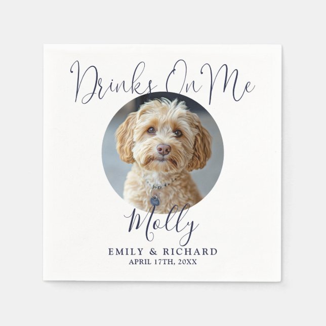 Drinks On Me Pet Photo Navy Blue Wedding Napkin (Front)
