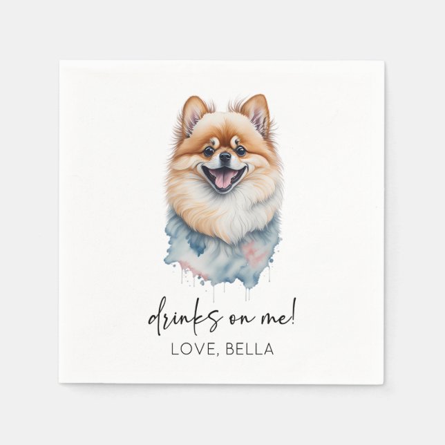 Drinks On Me! Pomeranian Dog Pet Wedding Napkin (Front)