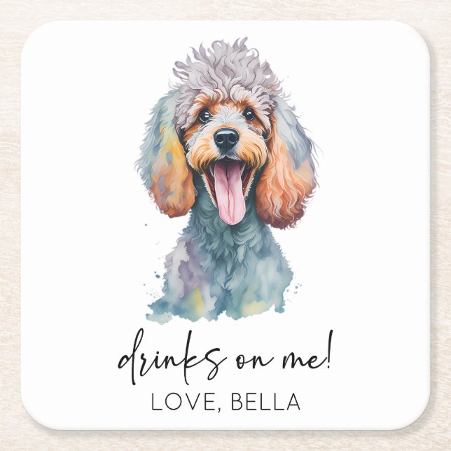Drinks On Me! Poodle Dog Pet Wedding Square Paper Coaster (Front)