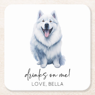 Drinks On Me! Samoyed Dog Pet Wedding Square Paper Coaster