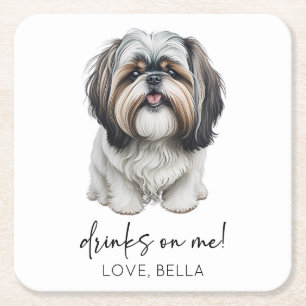 Drinks On Me! Shih Tzu Dog Pet Wedding Square Paper Coaster