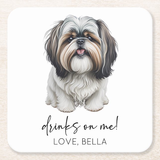 Drinks On Me! Shih Tzu Dog Pet Wedding Square Paper Coaster (Front)