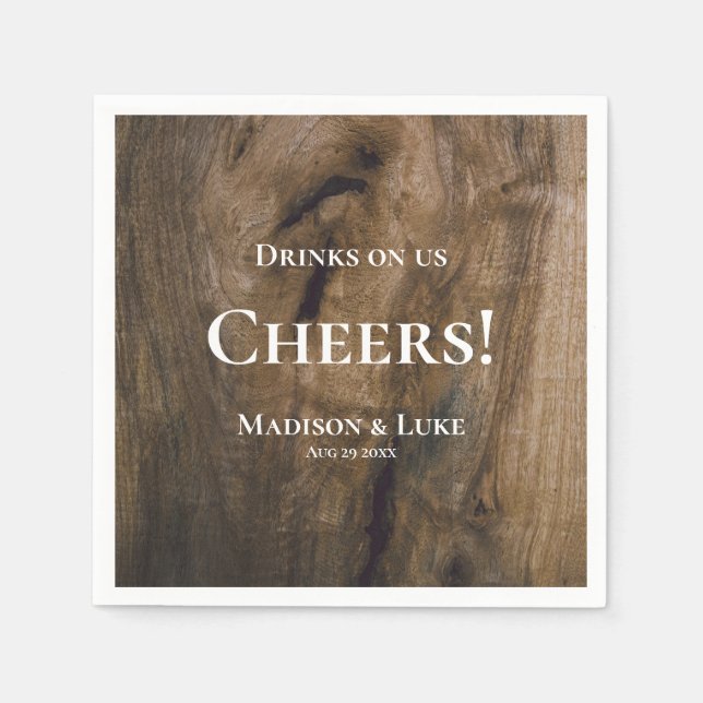 Drinks on Us Cheers! Rustic Wood Wedding Napkin (Front)