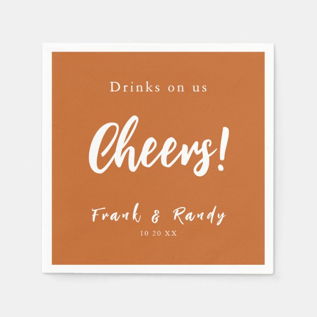 Drinks On Us Cheers Simple Boho Terracota Wedding Napkin (Front)