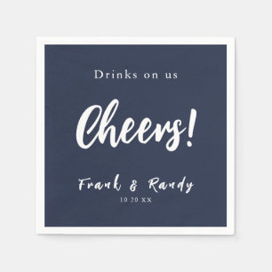 Drinks On Us Cheers Simple Navy Blue Wedding Napkin