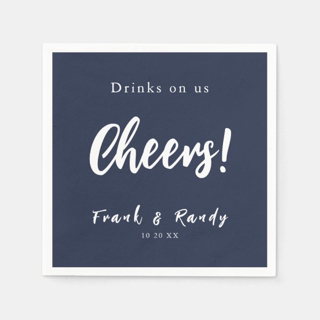 Drinks On Us Cheers Simple Navy Blue Wedding Napkin (Front)