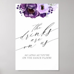 Drinks On Us Eggplant Purple Floral Wedding Sign